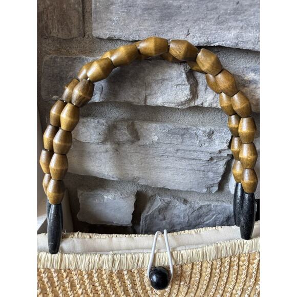 Boho Half Moon Bag Straw Embroidered Floral Prairie Feminine Wooden Handle - Picture 4 of 10